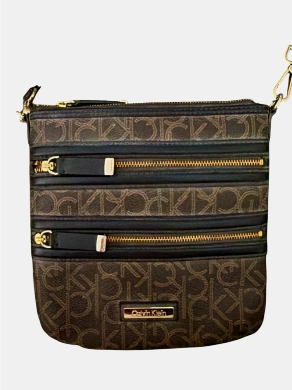 Calvin Klein Brown Logo Crossbody with Gold Zippers